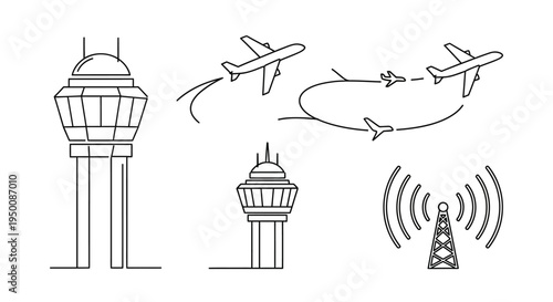 Vector illustration of air traffic control towers with aircraft flying around and radar signals emitting from a communication tower on a white background.