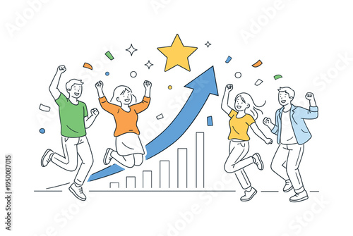 A joyful lifestyle celebration scene where a small group of friends jumps and dances together to celebrate success and positive life moments, using a clear visual metaphor of
