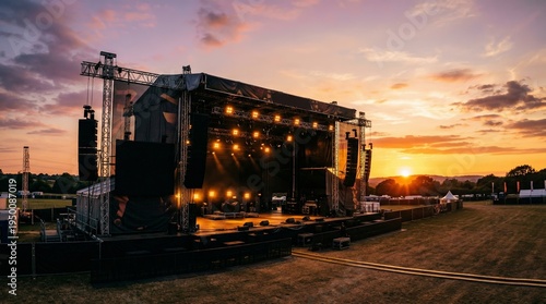 Silhouette of an outdoor concert stage with lighting towers, speakers and DJ setup against a vivid sunset sky, creating a dramatic festival and live music background. Generative AI.
