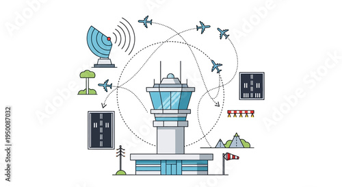 Illustration of an air traffic control tower with radar systems and communication equipment, surrounded by planes and navigation symbols, depicting aviation management and airport