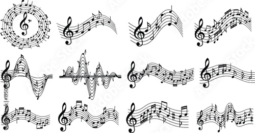 Collection of Musical Note Elements and Wavy Staff Lines Featuring Treble Clefs and Dynamic Melody Symbols for Creative Sound Design