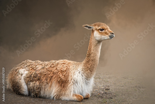 Vicuna resting in profile on ground with soft misty background representing peace and endurance with copy space