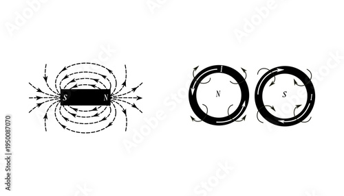 Фотография Educational vector diagram of a solenoid with current showing magnetic field lines similar to a bar magnet and pole direction determined by the right-hand rule
