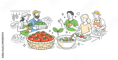 A local agriculture market scene where farmers present freshly harvested vegetables and prepare healthy ingredients for everyday cooking, illustrated through a visual metaphor of a