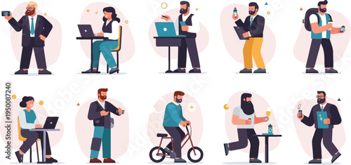 Diverse individuals engaged in various daily activities, featuring technology, leisure, and professional pursuits
