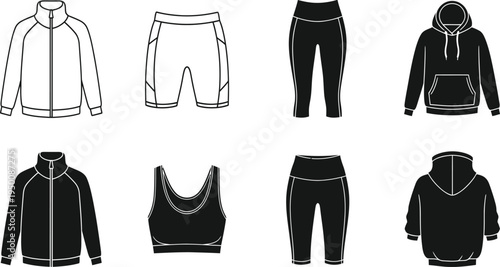 Vector Set of Sportswear Icons Featuring Athletic Jackets Leggings Hoodies Shorts and Sports Bra in Black Silhouette and Line Art Style