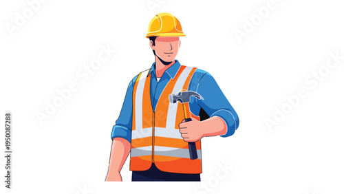 Construction Worker with Hammer: A skilled construction worker, equipped with a hard hat and high-visibility vest, confidently holds a hammer.