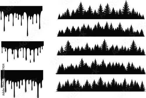 Collection of black silhouettes of dripping paint and pine tree forest landscapes