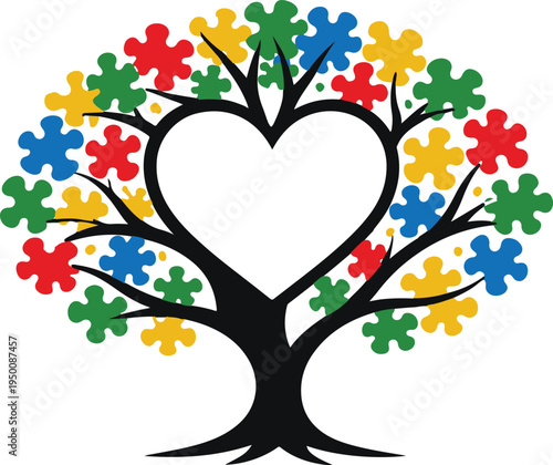 Autism Puzzle Pieces Tree with Heart Shape Vector Illustration, Autism Awareness and Neurodiversity Concept