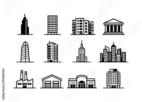 Cityscape building icons: skyscraper silhouette, office tower with windows grid, apartment building block, civic building with columns, glass tower building, residential high rise