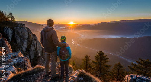 Happy father's day wishes with family enjoying breathtaking mountain sunset together
