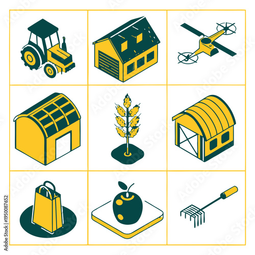Smart Agriculture and Agritech Isometric Icon Set - Modern Farming Tractor Drone and Greenhouse Vector