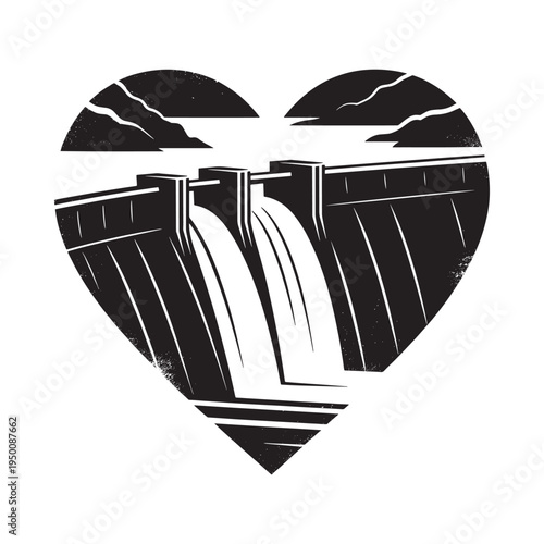 A striking black and white illustration of a dam creatively shaped like a heart symbolizing power and love
