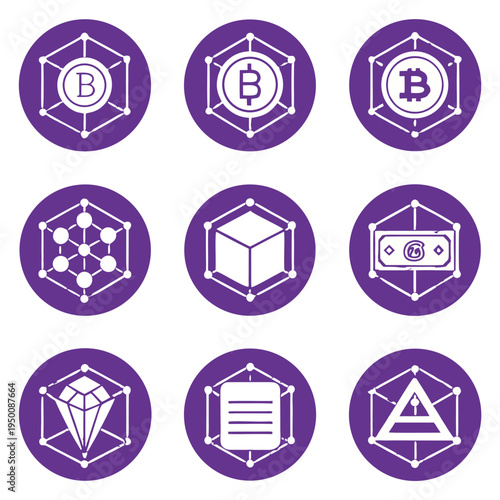 Cryptocurrency and Blockchain Technology Icon Set - Bitcoin Mining and Digital Finance Vector