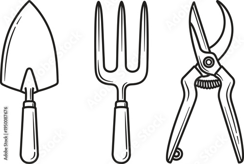Set of essential gardening tools including a trowel hand fork and pruning shears presented as minimalist line art for horticulture concepts