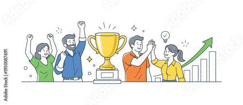 A business achievement moment where a small team celebrates reaching an important milestone after completing a challenging project through collaboration and dedication, visual