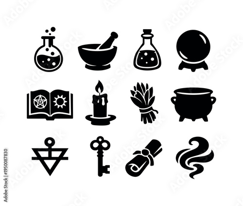 Medieval alchemist workshop: bubbling flask, mortar and pestle, potion vial, crystal orb, spell book, candle, herbs bundle, cauldron, alchemy symbol, ancient key, scroll, magical