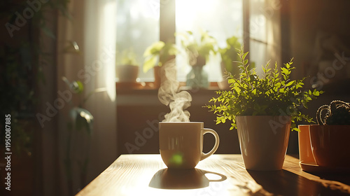 Wallpaper Mural Cozy morning scene with steaming cup of coffee and lush green plants on wooden table by sunny window Torontodigital.ca
