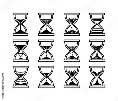 Hourglass filtration process: classic hourglass sand timer, hourglass with mesh filter, hourglass with particles separation, hourglass with layered sediment, hourglass with funnel