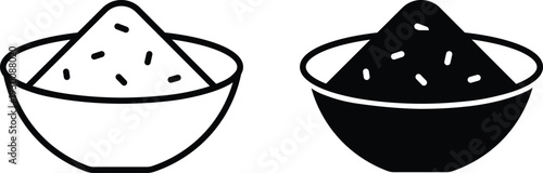 Two bowls filled with granular material, one in outline and one in solid black, representing ingredients or spices.