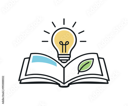 Healthy learning and self-improvement through consistent education and mental focus, an open book paired with a light bulb and a small leaf suggesting smart growth and sustainable