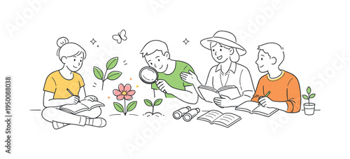 A peaceful botanical study moment where a small group observes and documents plant details while learning about nature and organic forms, visual metaphor of a delicate blooming