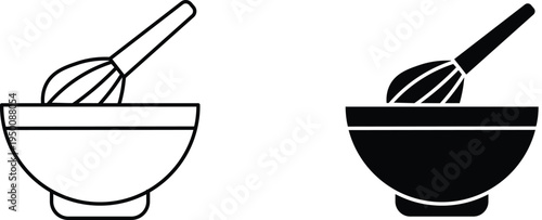 Outline icon of a mixing bowl with a whisk, representing cooking or baking preparation.