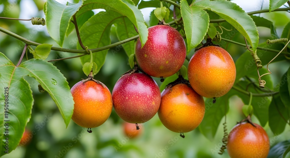 Obraz premium Vibrant tropical fruits hanging from lush green tree branches