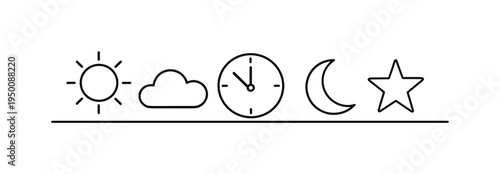 Day and night time cycle representing natural daily rhythm and the passage of time from sunlight to evening rest, sun, moon, cloud, clock, and star, calm balance and steady daily