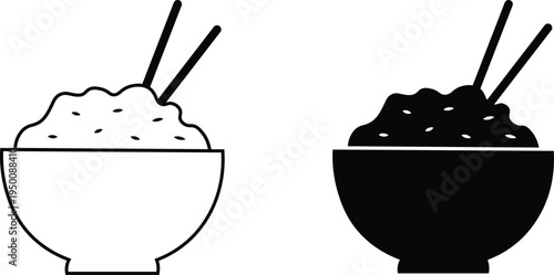 Minimalist icons of a bowl of rice with chopsticks, presented in both outline and solid black silhouette styles.