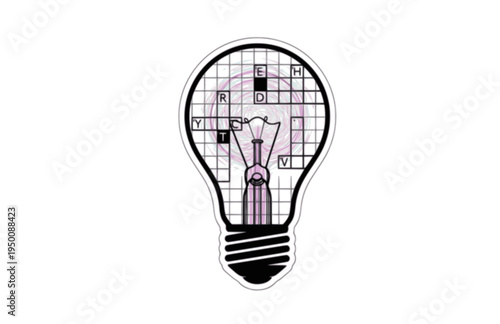 Crossword Lightbulb Idea Silhouette Sticker, Creative Puzzle Solver Vector, Surreal Mental Spark and Intelligence Illustration