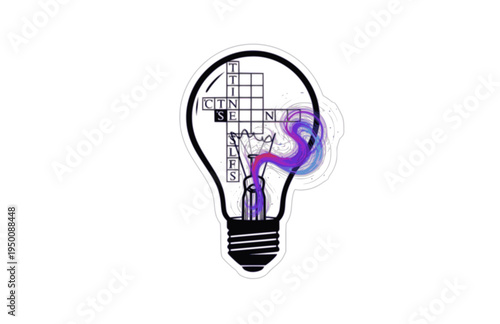 Crossword Lightbulb Idea Silhouette Sticker, Creative Puzzle Solver Vector, Surreal Mental Spark and Intelligence Illustration
