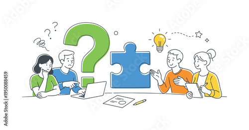 A learning situation where a group of people tries to understand new instructions or complicated concepts while working together to solve a challenge, visual metaphor of a large