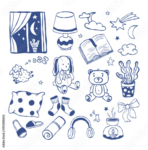 Kids Sleep and Bedtime Rituals and Nursery Accessories. Plush Bunny, Teddy Bear, Open Book, Lamp, Moon with Clouds and Cozy Night Symbols. Isolated Blue Line Art Vector Illustration