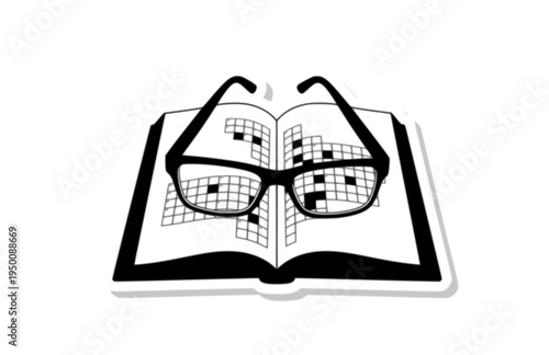 Glasses on Crossword Puzzle Book Silhouette, Bookish Academic Vector Sticker, Study Session and Librarian Aesthetic Icon