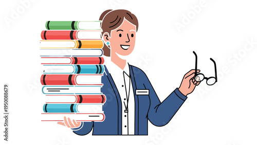 Smart Librarian's Collection: A smart librarian, beaming with expertise, proudly presents a vibrant stack of books, symbolizing knowledge and education. The librarian holds a pair of eyeglasses.