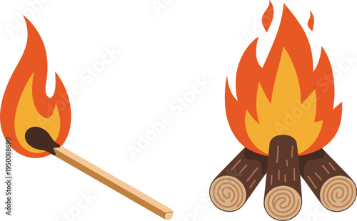 Burning Matchstick and Campfire Bonfire Vector Set with Flame and Wood Logs for Outdoor Survival Design