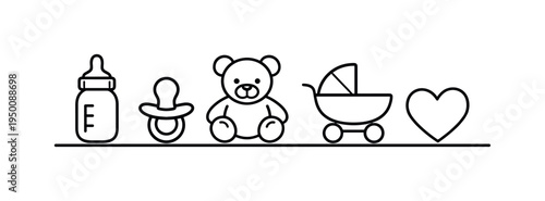 Early childhood care and parenting support providing safe daily routines and nurturing attention for infant wellbeing and healthy development, baby bottle, pacifier, teddy bear