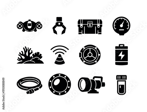 Futuristic underwater mining: submersible drone, robotic claw, treasure container, pressure gauge, sonar sensor, coral reef, airlock hatch, energy cell, tether rope, observation