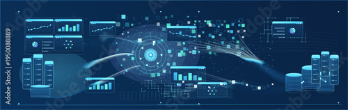 Futuristic data flow network illustration with glowing dashboards, servers, database clusters, analytics panels, and streaming connections around a central digital hub on dark blue background.