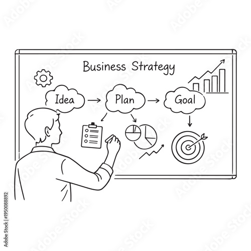 Business strategy concept with man drawing on whiteboard  planning and goal setting
