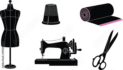 Vector illustration set of sewing tools including mannequin, thimble, fabric roll, vintage sewing machine, and fabric cutting scissors.