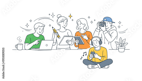 A modern decorative elements concept where artists design simple sparkle accents to enhance digital illustrations and branding layouts, expressed through a clear visual metaphor of