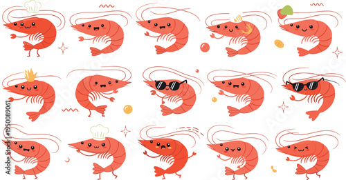 Cute cartoon shrimp character collection with funny expressions, chef hat, sunglasses, crown and playful poses, adorable seafood mascot vector illustration set for food branding