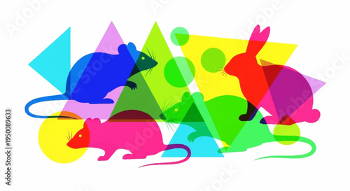 Colorful geometric shapes and vibrant animals abstract composition with rabbit and mice in pink blue red and green hues on white background