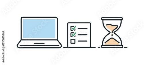 Focused work and distraction free productivity during an organized professional workflow, a laptop placed beside a small checkmark list and a simple hourglass forming a clear scene