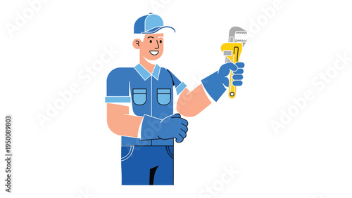 The Skilled Plumber: A confident plumber, dressed in professional attire, stands ready with their essential adjustable wrench, symbolizing expertise and commitment to quality service.