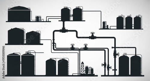Silhouette of an Industrial Plant with Tanks and Pipelines.