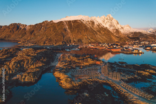 Aerial view of winter landscape in the evening in Lofoten Islands