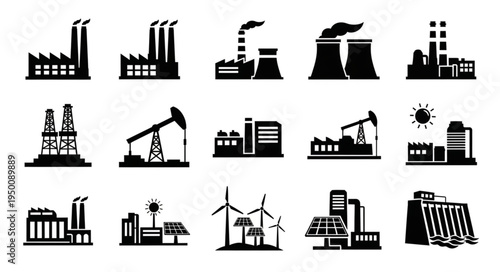 Diverse Energy Production Facilities - A Silhouette Vector Collection.